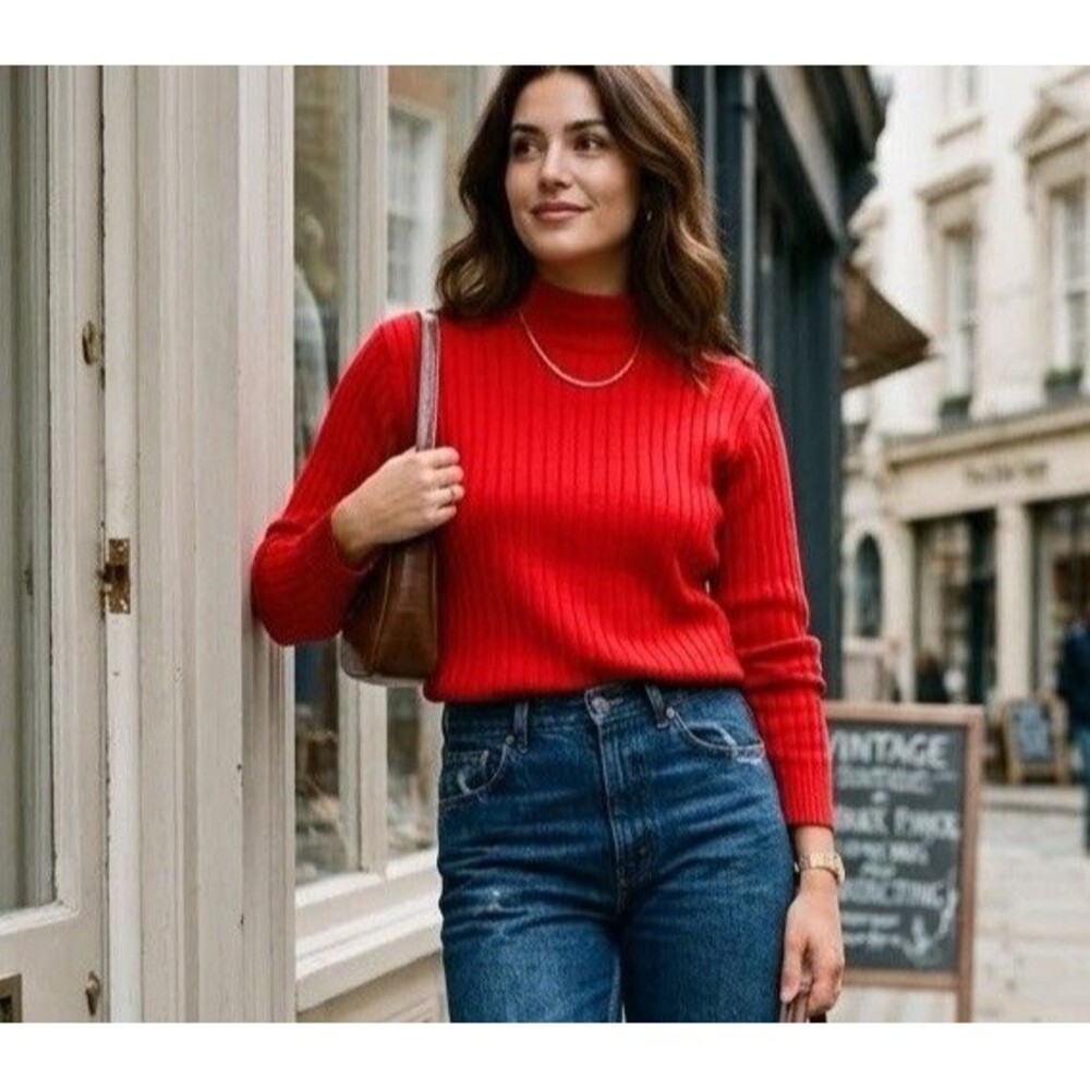 Vintage 90s Karen Scott Merino Wool Blend Rib Knit Mock Neck Top Red L UK Made